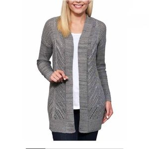 LEO & NICOLE Women’s Marled Rib Trim Pointelle Gray Knit Cardigan Size Large